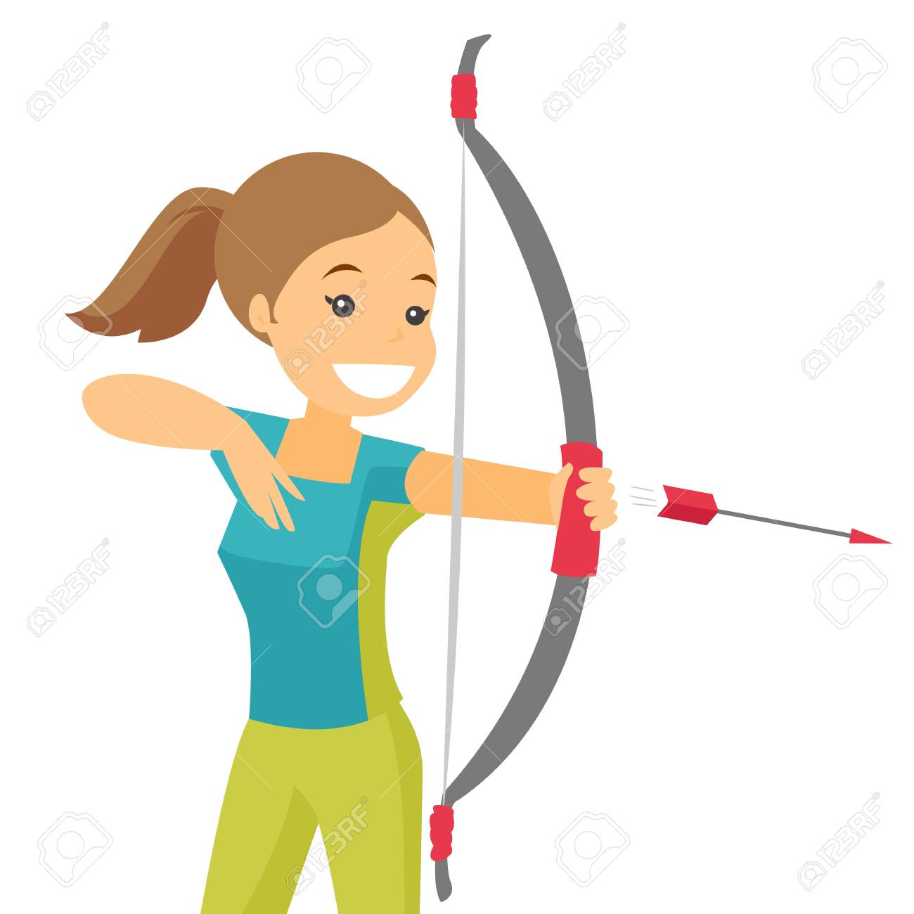 Caucasian white sportswoman holding bow and arrow.